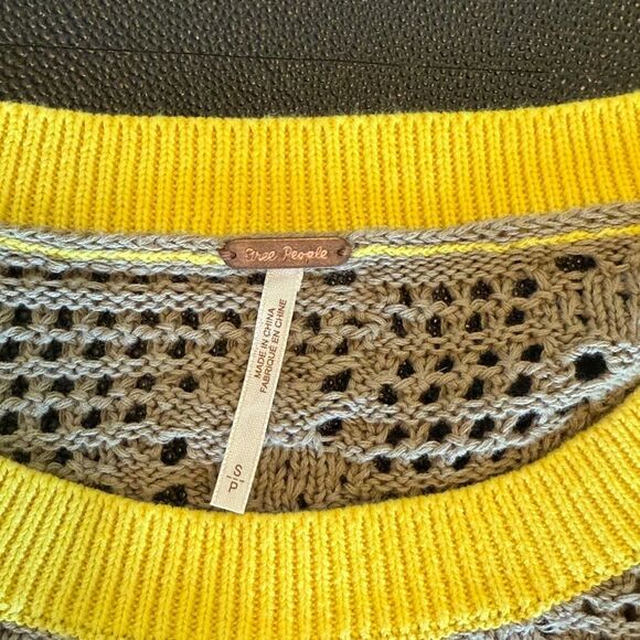 Free People Home Run Tan Crochet Knit Sweater with Yellow Trim size Small - Picture 6 of 11